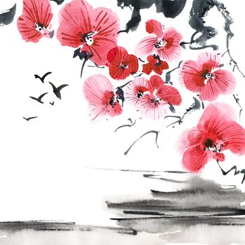 Watercolor and ink illustration of blossom sakura tree and flying birds in style sumi-e, u-sin. Oriental traditional painting.