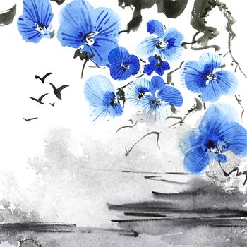 Watercolor and ink illustration of blossom sakura tree and flying birds in style sumi-e, u-sin. Oriental traditional painting.