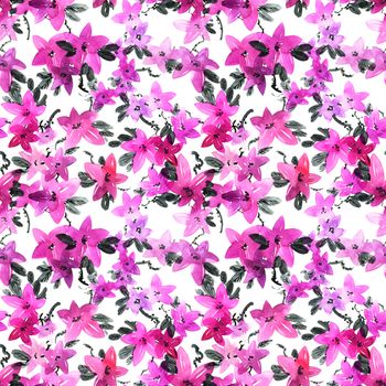 Watercolor and ink illustration of purple flowers with leaves. Seamless pattern. Oriental traditional painting in style sumi-e, u-sin and gohua.