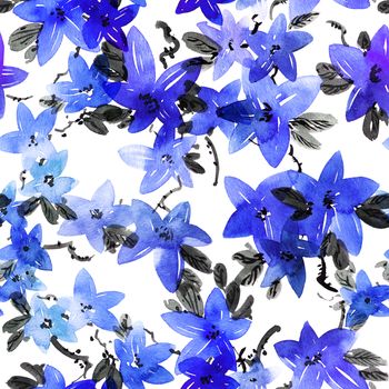 Watercolor and ink illustration of blue flowers with leaves. Seamless pattern. Oriental traditional painting in style sumi-e, u-sin and gohua.