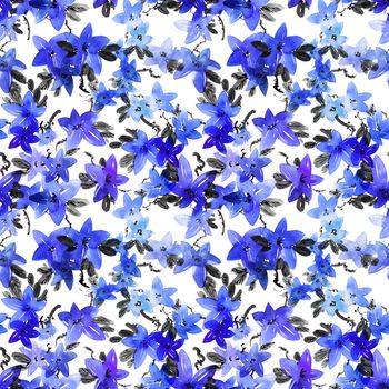 Watercolor and ink illustration of blue flowers with leaves. Seamless pattern. Oriental traditional painting in style sumi-e, u-sin and gohua.