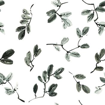 Watercolor and ink illustration of tree leaves in style sumi-e, u-sin. Oriental traditional painting.