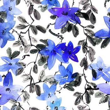 Watercolor and ink illustration of blue flowers with leaves. Seamless pattern. Oriental traditional painting in style sumi-e, u-sin and gohua.