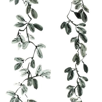 Watercolor and ink illustration of tree leaves in style sumi-e, u-sin. Oriental traditional painting.