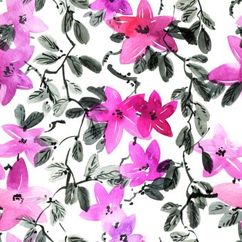 Watercolor and ink illustration of purple flowers with leaves. Seamless pattern. Oriental traditional painting in style sumi-e, u-sin and gohua.