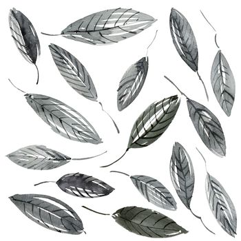 Watercolor and ink illustration of tree leaves in style sumi-e, u-sin. Oriental traditional painting.