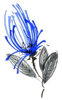 Watercolor and ink illustration of blue flower with leaves. Oriental traditional painting in style sumi-e, u-sin and gohua.
