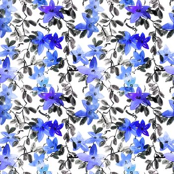 Watercolor and ink illustration of blue flowers with leaves. Seamless pattern. Oriental traditional painting in style sumi-e, u-sin and gohua.