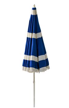 Blue beach umbrella isolated on white. Clipping path included.