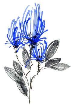 Watercolor and ink illustration of blue flower with leaves. Oriental traditional painting in style sumi-e, u-sin and gohua.