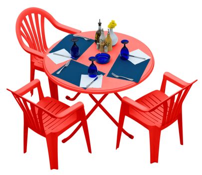 Red plastic table with chairs isolated on white. Clipping path included.