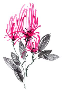 Watercolor and ink illustration of red flower with leaves. Oriental traditional painting in style sumi-e, u-sin and gohua.