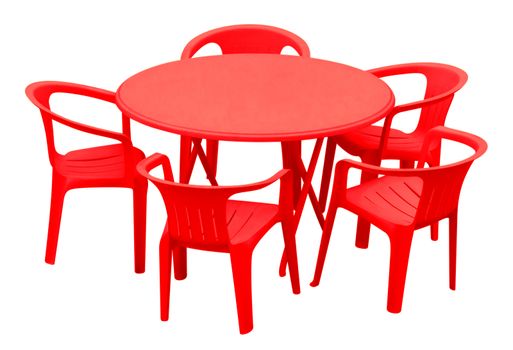 Plastic table and chairs isolated on white. Clipping path included.