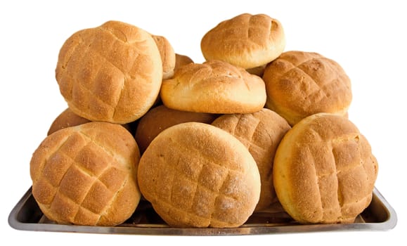 Bread in the metal basket isolated on white. Clipping path included.