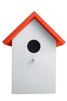 White nest box birdhouse isolated on white. Clipping path included.
