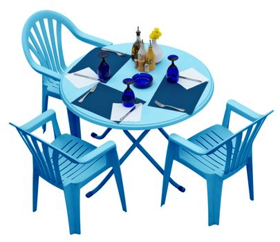 Blue plastic table with chairs isolated on white. Clipping path included.