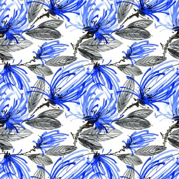 Watercolor and ink illustration of blue flower with leaves. Oriental traditional painting in style sumi-e, u-sin and gohua. Seamless pattern.
