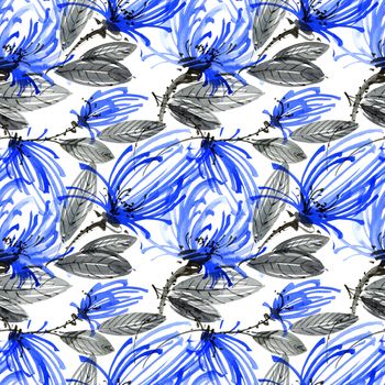 Watercolor and ink illustration of blue flower with leaves. Oriental traditional painting in style sumi-e, u-sin and gohua. Seamless pattern.