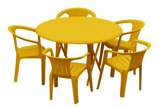 Plastic table and chairs isolated on white. Clipping path included.