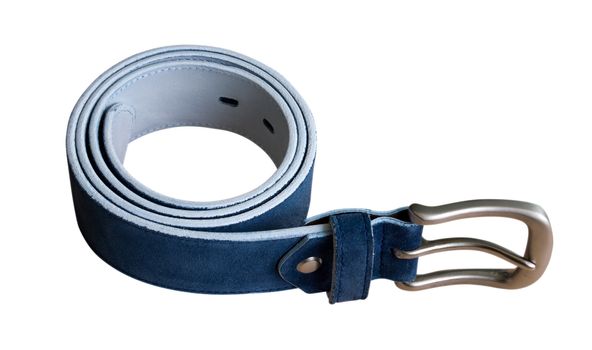 Blue suede belt isolated on white. Clipping path included.