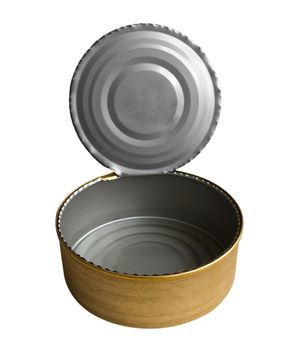 Opened an empty tin can isolated on white. Clipping path included.