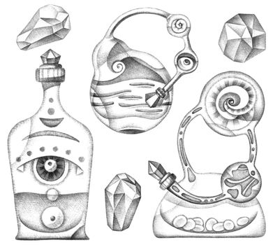 Garaphic illustration of alchemy tools. Hand drawn set.