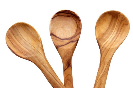 Three olive wooden spoons isolated on white. Clipping path included.