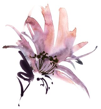 Watercolor and ink illustration of flower. Oriental traditional painting in style sumi-e, u-sin and gohua. Design for greeting card, invitayion or cover.