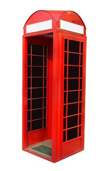 Red British telephone booth isolated on white. Clipping path included.