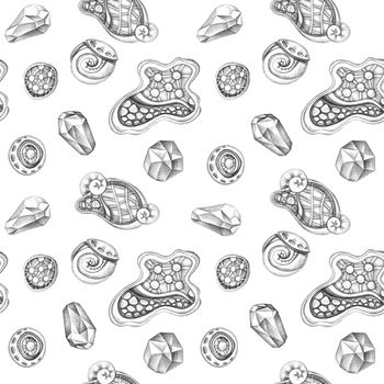 Hand drawn abstract objects and crystals. Graphic seamless pattern.