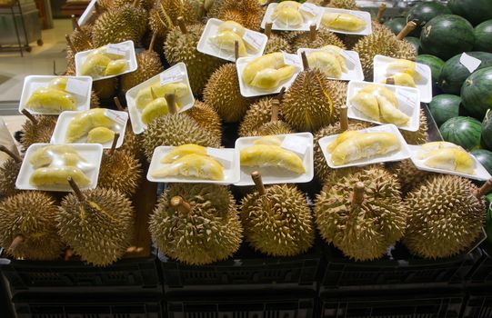 Lot of King of fruit, durian at market, Thailand