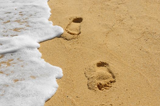 Footprints on a sandy beach near edge of water
