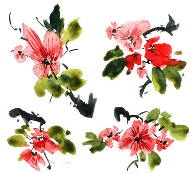 Watercolor and ink illustration of tree with red flowers and green leaves. Oriental traditional painting in style sumi-e, u-sin and gohua. Design for greeting card, invitayion or cover.