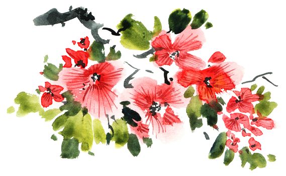 Watercolor and ink illustration of tree with red flowers and green leaves. Oriental traditional painting in style sumi-e, u-sin and gohua. Design for greeting card, invitayion or cover.