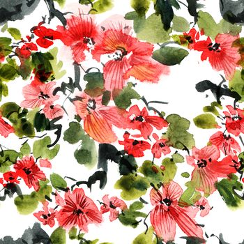 Watercolor and ink illustration of tree with red flowers and green leaves. Oriental traditional painting in style sumi-e, u-sin and gohua. Seamless pattern.