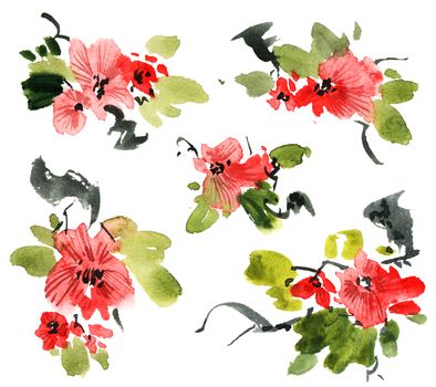 Watercolor and ink illustration of tree with red flowers and green leaves. Oriental traditional painting in style sumi-e, u-sin and gohua. Design for greeting card, invitayion or cover.