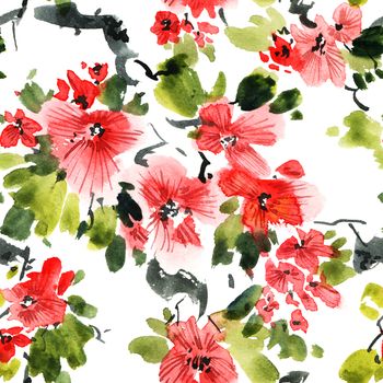Watercolor and ink illustration of tree with red flowers and green leaves. Oriental traditional painting in style sumi-e, u-sin and gohua. Seamless pattern.