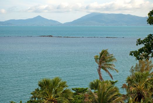 Tropical sea view with coconut palms in early morning