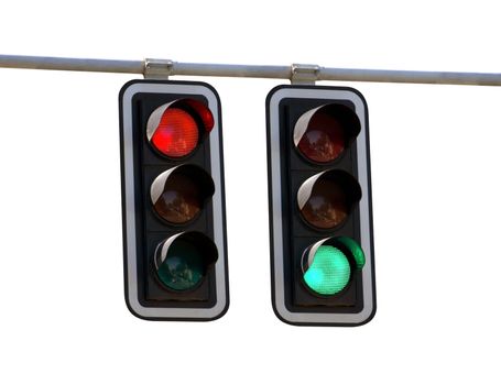 Red and green traffic lights isolated over white backgrounds