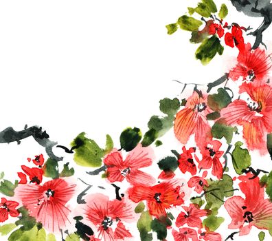 Watercolor and ink illustration of tree with red flowers and green leaves. Oriental traditional painting in style sumi-e, u-sin and gohua. Design for greeting card, invitayion or cover.