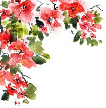 Watercolor and ink illustration of tree with red flowers and green leaves. Oriental traditional painting in style sumi-e, u-sin and gohua. Design for greeting card, invitayion or cover.