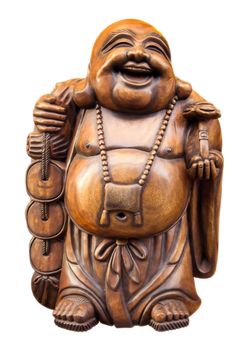 Wooden happy buddha - isolated on white. Clipping path included.