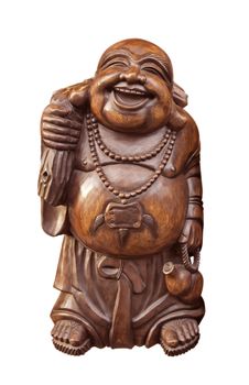 Wooden happy buddha - isolated on white. Clipping path included.