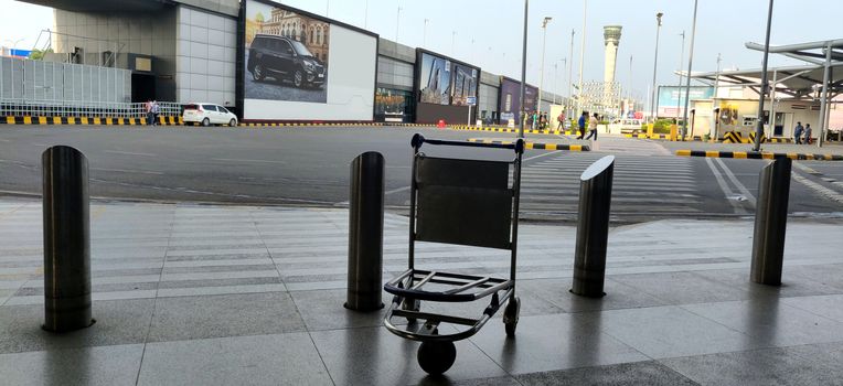 Empty bag trolley at International airport of Delhi in June 2020 amidst corona virus pandemic at Indira Gandhi International Airport n Delhi, India