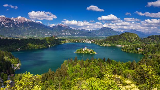 Lake Bled with St. Marys Church of Assumption on small island. Bled, Slovenia, Europe. The Church of the Assumption, Bled, Slovenia. The Lake Bled and Santa Maria Church near Bled, Slovenia.