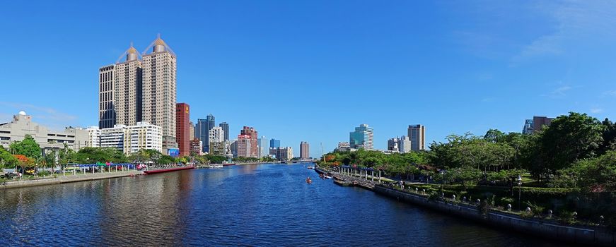 KAOHSIUNG, TAIWAN -- MAY 27, 2016: A panoramic view of the Love River on a beautiful summer day.
