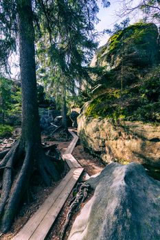Stolowe Mountains National Park. Wooden boardwalk in Rock Labyrinth hiking trail Bledne Skaly near Kudowa-Zdroj, Lower Silesia, Poland. 
