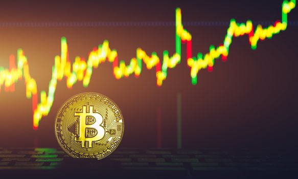Bitcoin gold coin and defocused chart background. Virtual cryptocurrency concept. Bitcoins on ladder chart cryptocurrency concept. Bitcoin currency with blockchain concept.