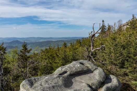 Rudawy Janowickie Landscape Park. Mountain range in Sudetes in Poland. View from Mala Ostra hill.