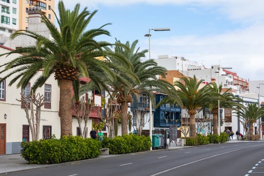 Famous ancient colorful balconies decorated with flowers. Santa Cruz - capital city of the island of La Palma, Canary Islands, Spain.